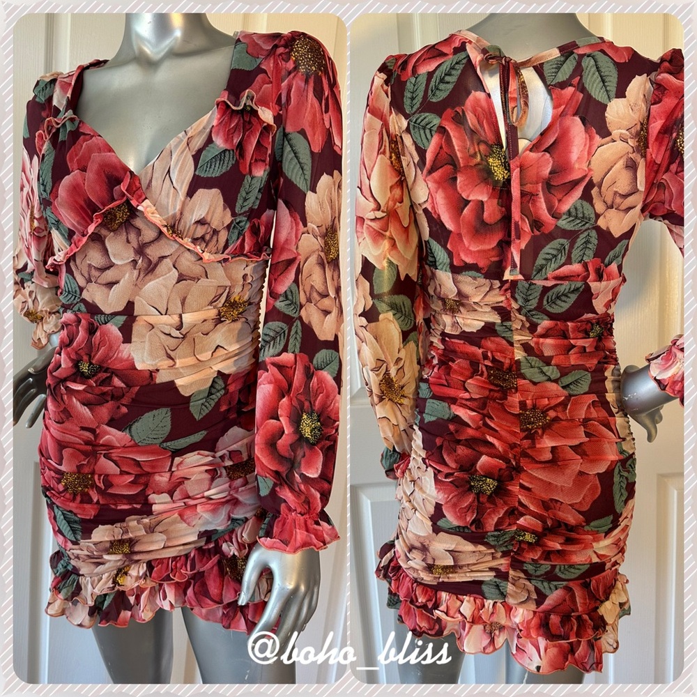 CRYSTAL DOLL | Floral Mesh Long Sleeve Mini Dress NWOT